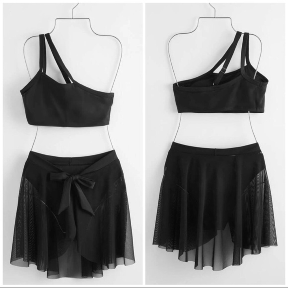 Chic Black One Shoulder Strap Bikini and Mesh Skirt Set